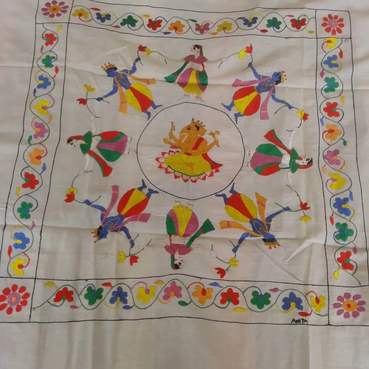 Handcrafted Chamba Rumal with Ganesha and Raas Leela Embroidery