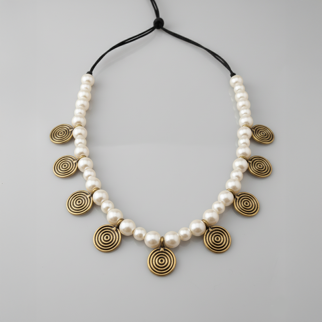 Pearl Bead Necklace with Tribal Spiral Charms