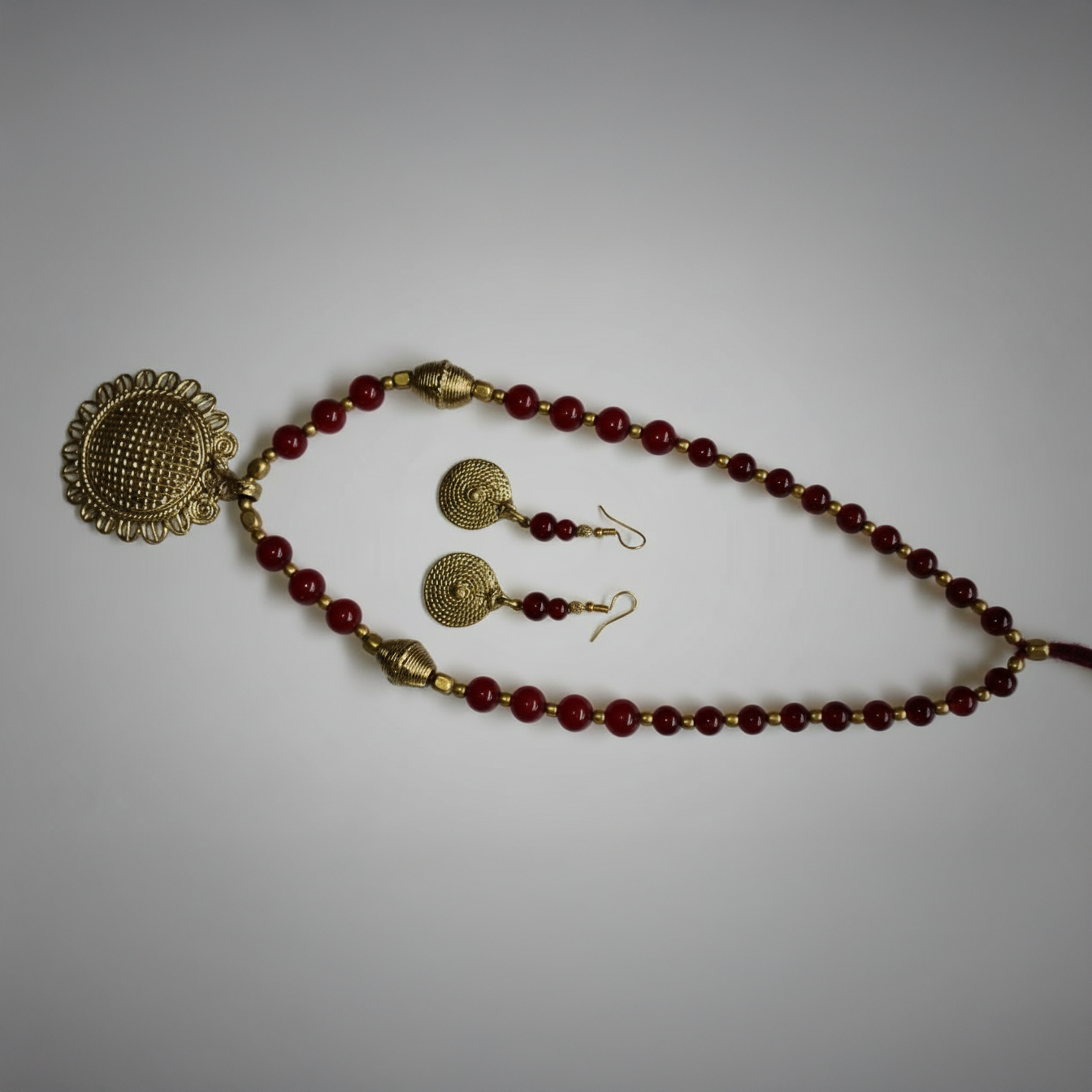 Round Tribal Brass Pendant Necklace Set