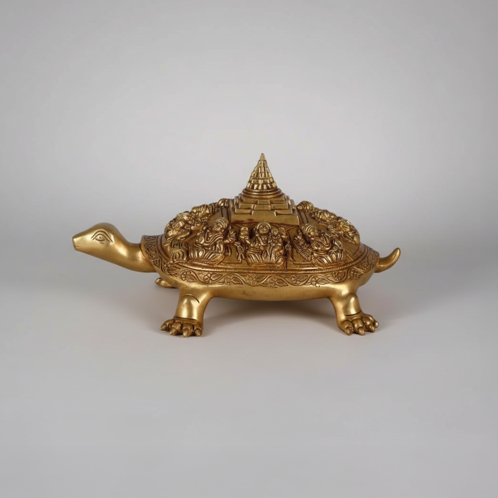 Golden Metal Tortoise Idol with Temple Carving