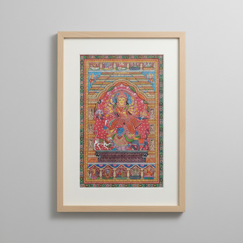 Pattachitra Painting – Goddess Durga in Sanctum with Lion (Framed)