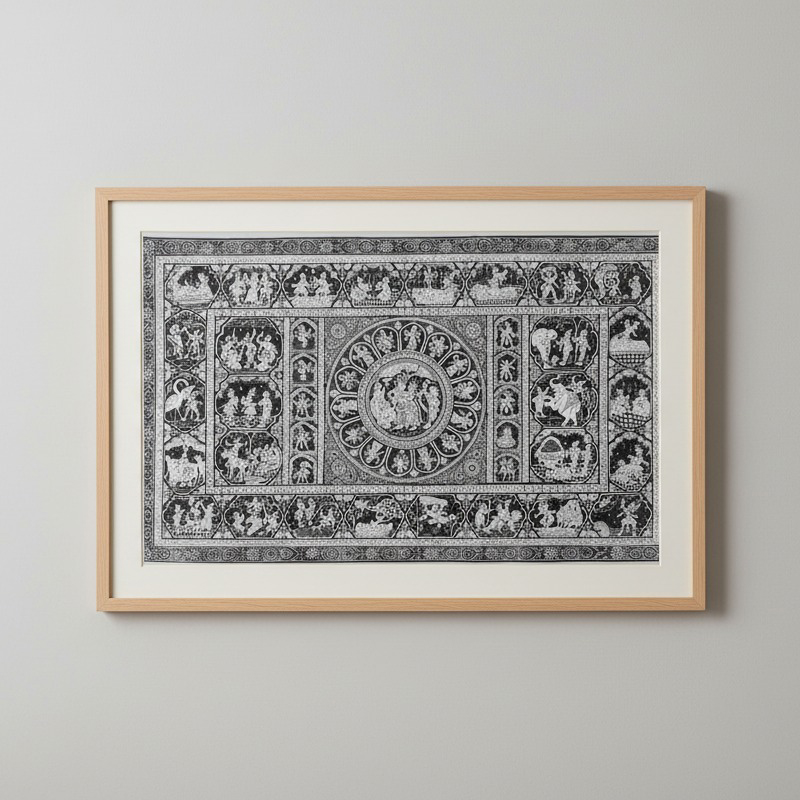 Monochrome Pattachitra – Krishna Leela Mandala (Framed)