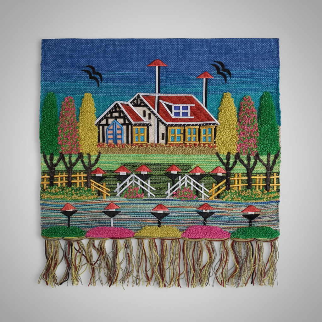 Handcrafted Jute Wall Hanging – Village House (Blue Theme)