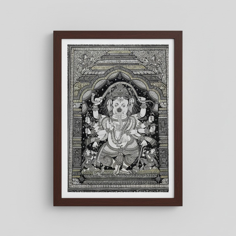 Monochrome Pattachitra – Ganesha in Shrine (Framed)