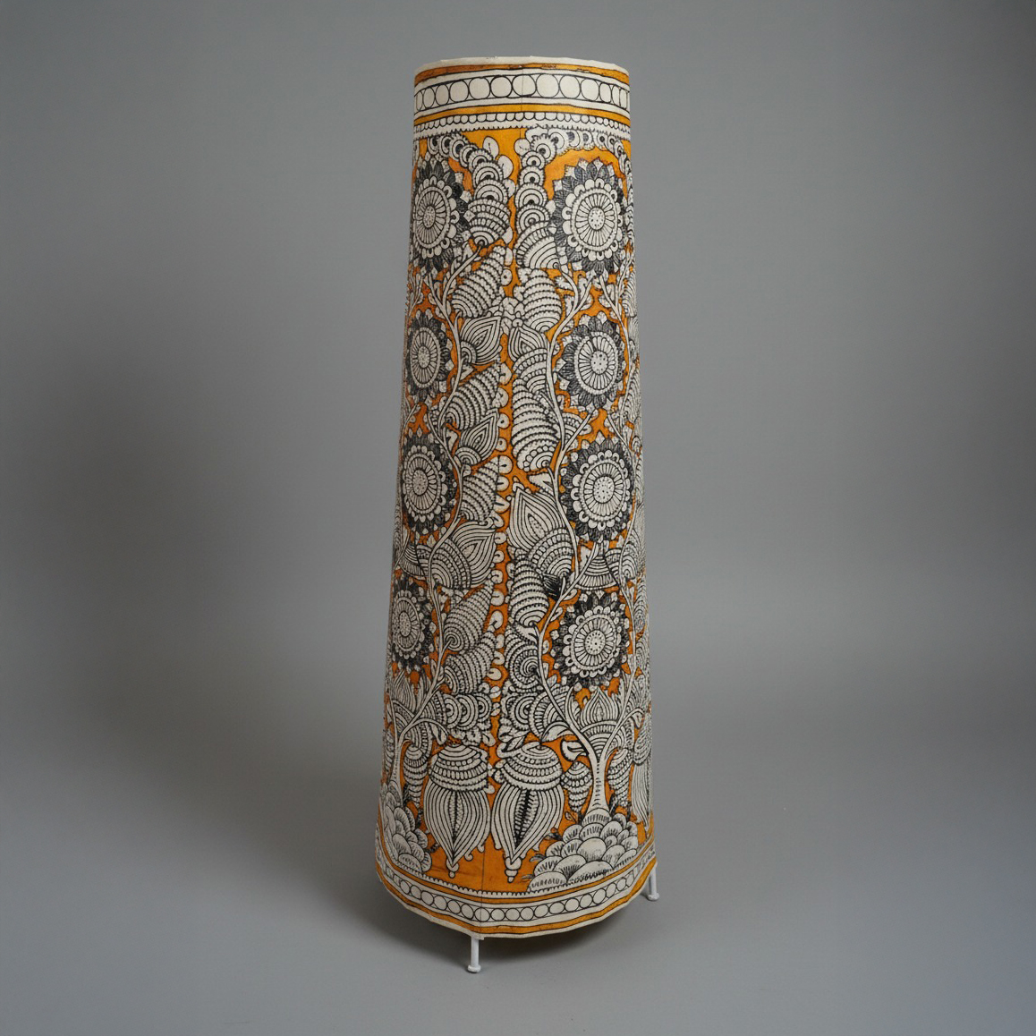 Leather Lamp – Tall Conical Pattachitra Shade (Floral, Saffron Base)
