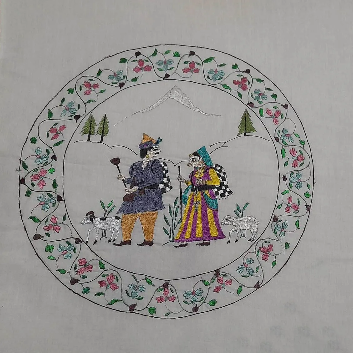 Handcrafted Chamba Rumal with Pahari Couple Embroidery